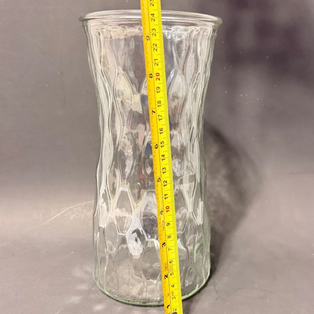 Clear Textured Crinkle Glass Vase Cinched Waist 9.5 Inch Floral Centerpiece